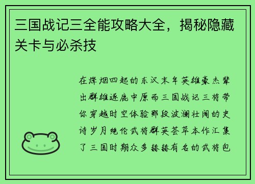 三国战记三全能攻略大全，揭秘隐藏关卡与必杀技